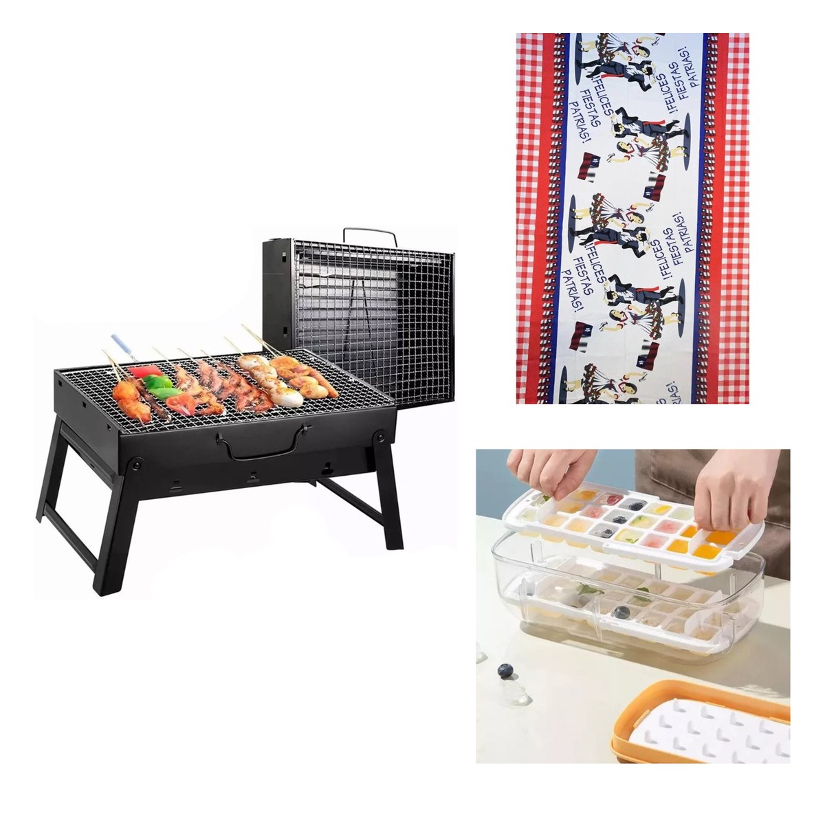 Pack El asado a carbón — parrilla plegable + mantel dieciochero + cubetera